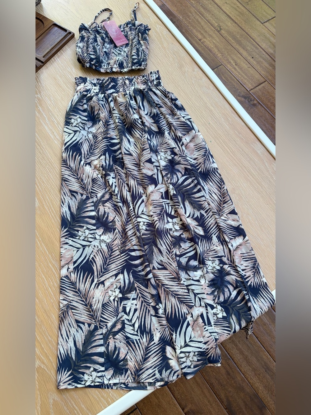 Tropical Navy wide leg Pants with Matching Print spaghetti strap Smocked Top